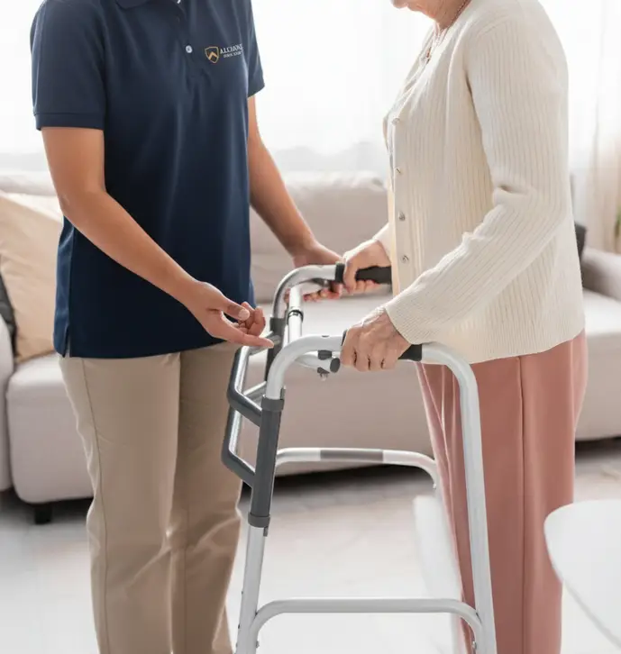 Senior caregiver with elderly woman in walker